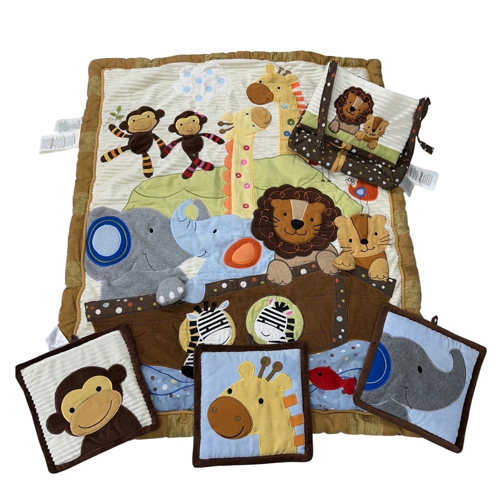 Lambs & Ivy Noahs Ark Baby Quilt Blanket Set Brown Blue Animal Applique 5pc